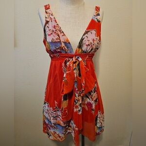 Forever 21 Bold Red Tropical Asian Print Short Dress or Long Top Size Medium